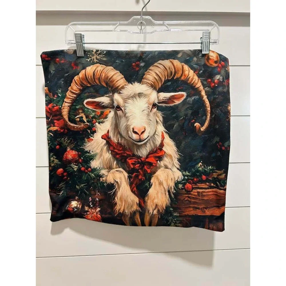 Christmas Goat Throw Pillow Cover Holiday Farmhouse Decor (17.5x17.5) Red Bow